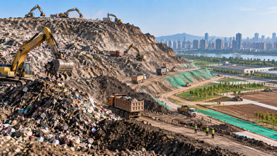 China is digging up a 110-metre garbage mountain to turn 2.55 million cubic metres into land
