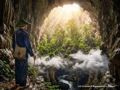 In 1990, a Vietnamese farmer hiding from storm found a 655-feet-high cave where clouds formed above an underground river while a collapsed roof let in sunlight that fed a 165-feet tall forest