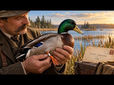 Jack Miner banding a duck in Ontario in 1909; news from South Carolina the following year revealed where it had travelled