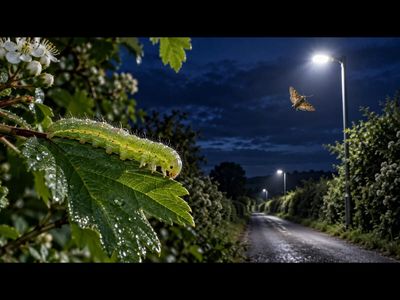In 2021, researchers found 52% fewer moth caterpillars beneath LED; lit hedgerows than nearby unlit ones, an overlooked cost of brighter nights