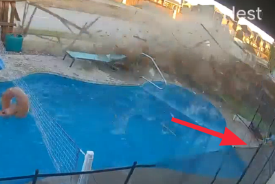 Reckless driver narrowly misses swimming toddlers after ploughing through backyard