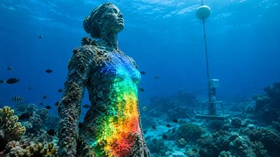 Ocean Siren Sculpture: Reef lights mirror live temperature data; artwork highlights coral bleaching