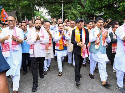 Thousands rally behind BJP candidate Debashish Sharma as he files bypoll nomination from Assam's Nagaon