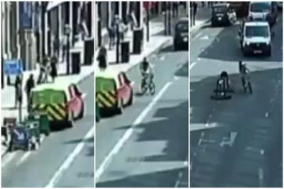 Moment reckless Lime cyclist weaves between pedestrians on London pavement to avoid oncoming bus