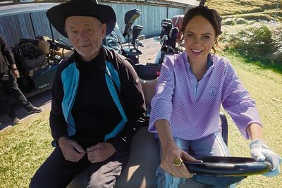 Joanne McNally drives Bill Murray in a golf cart on his Ireland road trip show