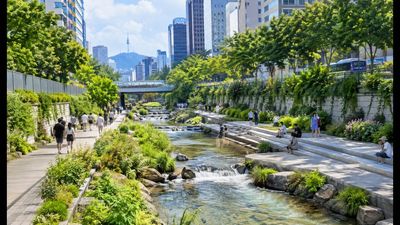 Seoul used 1 daylighted buried stream to solve urban heat issues across 10km of concrete highway; the result transformed an asphalt corridor into a cool public park