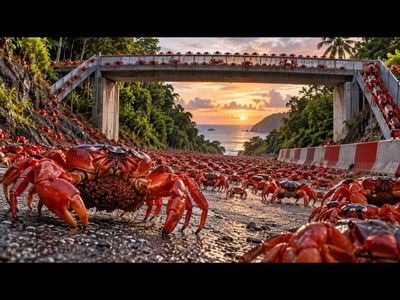 Each female red crab can carry 100,000 eggs to the sea; Christmas Island closes roads and deploys bridges to protect the moon-timed journey