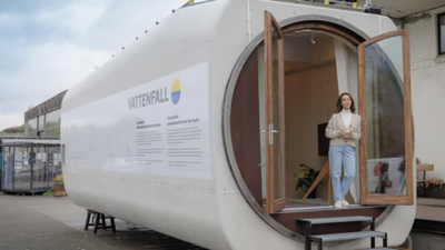 A Swedish company is transforming discarded wind turbines into tiny-solar powered homes and recycled skis