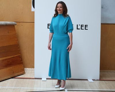 Victoria Starmer models clothes at London fashion week show