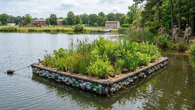 US Army builds floating island from recycled plastic bottles for wildlife