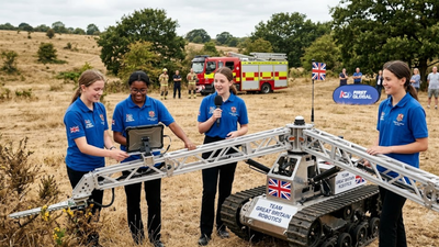 Five British schoolgirls built a robot with folding arms designed to create wildfire firebreaks