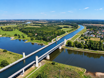 In 2003, Germany opened a water-filled bridge that lets cargo ships cross over the Elbe River; the 3,012-foot crossing connected two major canals