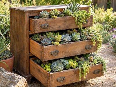 Los Angeles couple Curt and Jessica turned an abandoned dresser left in their garage into a succulent garden: Its drawers became planters for a long-term yard feature