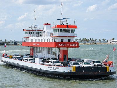 Since 1950, Texas has run the Galveston-Port Bolivar ferry toll-free, 24 hours a day; its 18-minute crossing carries about 1.5 million vehicles each year