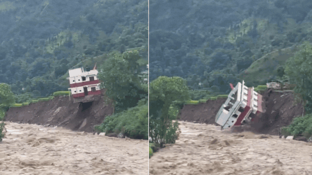 Watch: Government building collapses into river as heavy rains trigger fresh landslide in Nepal