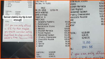Man tips $11 on a $220 bill. Then the server hands back the receipt with a note in red ink: ‘Maybe you should consider eating fast food’