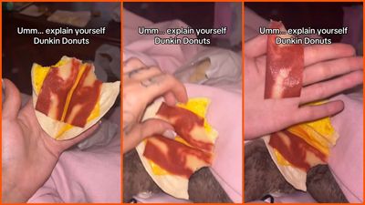 Woman says her Dunkin’ breakfast sandwich ‘started to taste weird.’ Then she says she peeled back the ‘bacon’ and found something else: ‘Oh my god’
