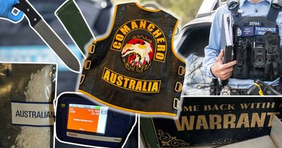 Machetes, meth, gang gear seized as police bikie taskforce targets southside home