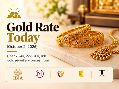 Gold rate today (October 2, 2026): Check 24k, 22k, 20k, 18k gold jewellery prices from IBJA, Malabar Gold & Diamonds, Joyalukkas, Kalyan Jewellers and Tanishq