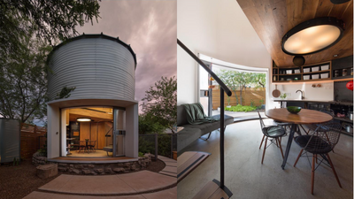 Grain Silo Becomes Micro-Home: architect crafts 340 sq ft retreat; skylight and ducts cool curved steel shell