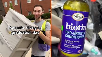 TikToker goes dumpster diving on a college campus. Then he finds a hair growth product and tells the woman filming why he’s keeping it