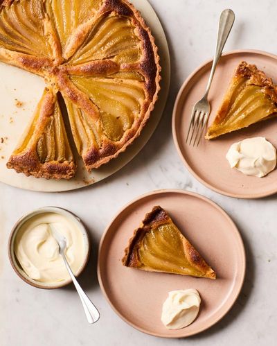 Jose Pizarro’s recipe for poached pear and almond tart with PX caramel
