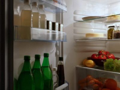 A refrigerator can be cleaned with equal parts hot water and baking soda; leave the door open for about 15 minutes after the final rinse