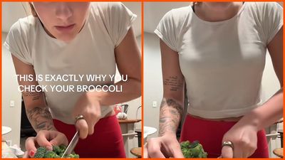 Woman cuts into fresh broccoli florets. Then she realizes what the grey specks actually are: ‘I don’t even know if this is usable’