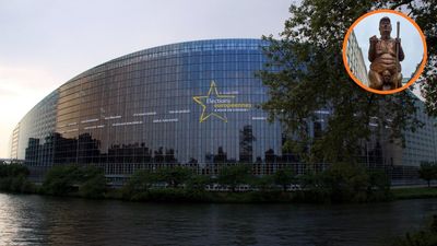 A 8.5ft naked Trump golden statue appears inside European Parliament building. Then visitors see the plinth text: ‘I am sitting on the back of a man’