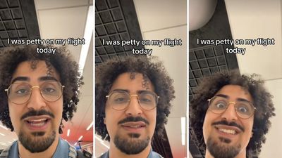 A man gets spilled on by his seatmate during a flight. Then he does something petty when he gets up to use the bathroom