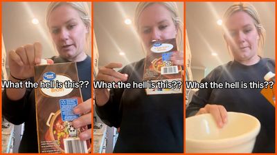 A woman goes to pour Walmart chicken broth dated 2027, but something is clogging the spout: ‘What the heck is that?’