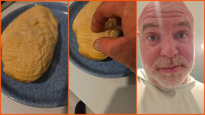 Man buys $11 chicken from Aldi and his son starts cooking it. Then he flips the meat over and suspects the store is allegedly 3D-printing the food