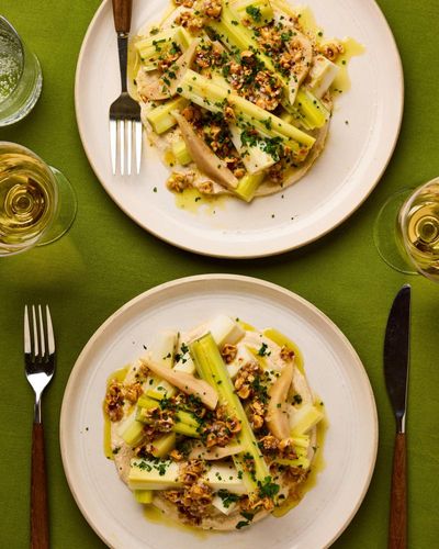 Jackson Boxer’s vegan recipe for poached leeks with pickled pear and hazelnuts