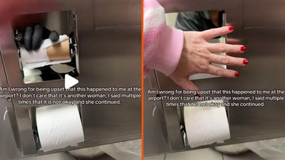 Woman says a janitor at a Virginia airport changed the toilet paper from outside her occupied stall, and kept going after she said stop