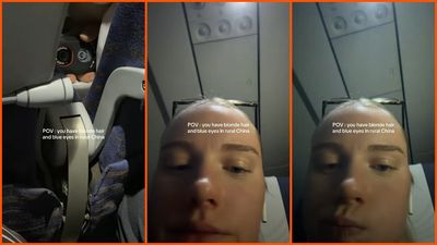 Blonde woman sits in rural China transport cabin. Then she notices what a passenger in front of her is doing: ‘Feel like a celeb here’
