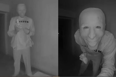 Person in Biden mask and Charlie Kirk shirt spotted eating a banana on family’s doorbell cam