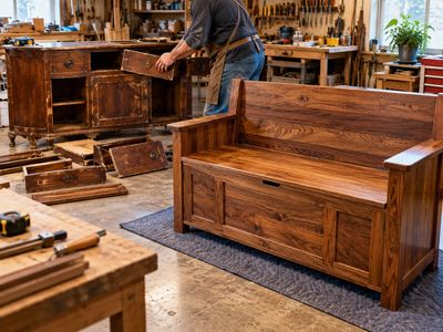 Portland craftsman Mark Haley cut apart a donated credenza that shoppers kept passing by and rebuilt it as a storage bench; hundreds wanted to buy it at a home show