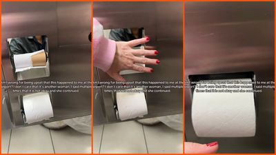 Washington Dulles International Airport traveler uses the restroom. Then a hand in a black glove reaches through the dispenser: ‘This is not okay’