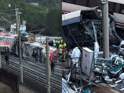 Spain train crash video: Watch mangled remains of two high speed trains after one collided with a stationery one leaving dozens dead