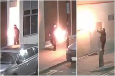 Horrifying moment man throws petrol bomb at migrant hotel in north London